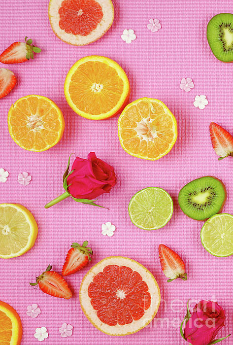 Summer theme background with fruit citrus and flowers on pink backdrop iphone pro max case by milleflore images