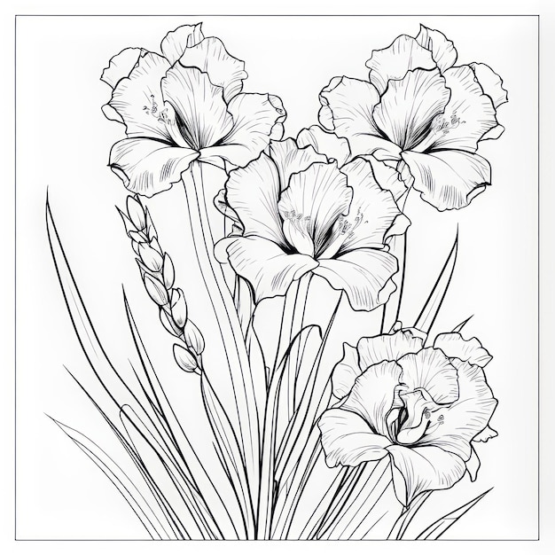 Premium ai image black and white coloring pages delicate garden of iris and gladiolus
