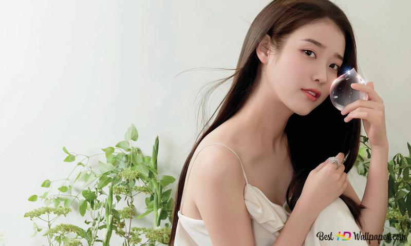 South korean beautiful female singer iu poses in front of a white background with a glass of green plants k wallpaper download