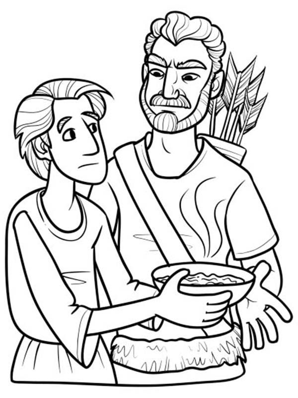 Esau excange his birth right for a bowl of stew in jacob and esau coloring page sunday school coloring pages bible coloring pages bible coloring