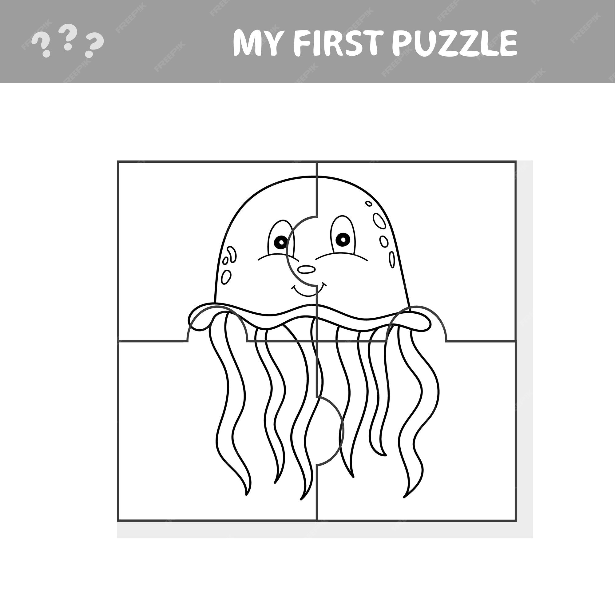 Premium vector jigsaw puzzle with jellyfish educational game for kids my first puzzle and coloring page