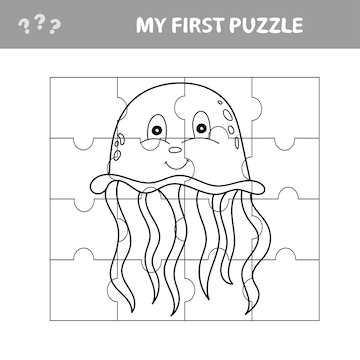Premium vector jigsaw puzzle with jellyfish educational game for kids my first puzzle and coloring page