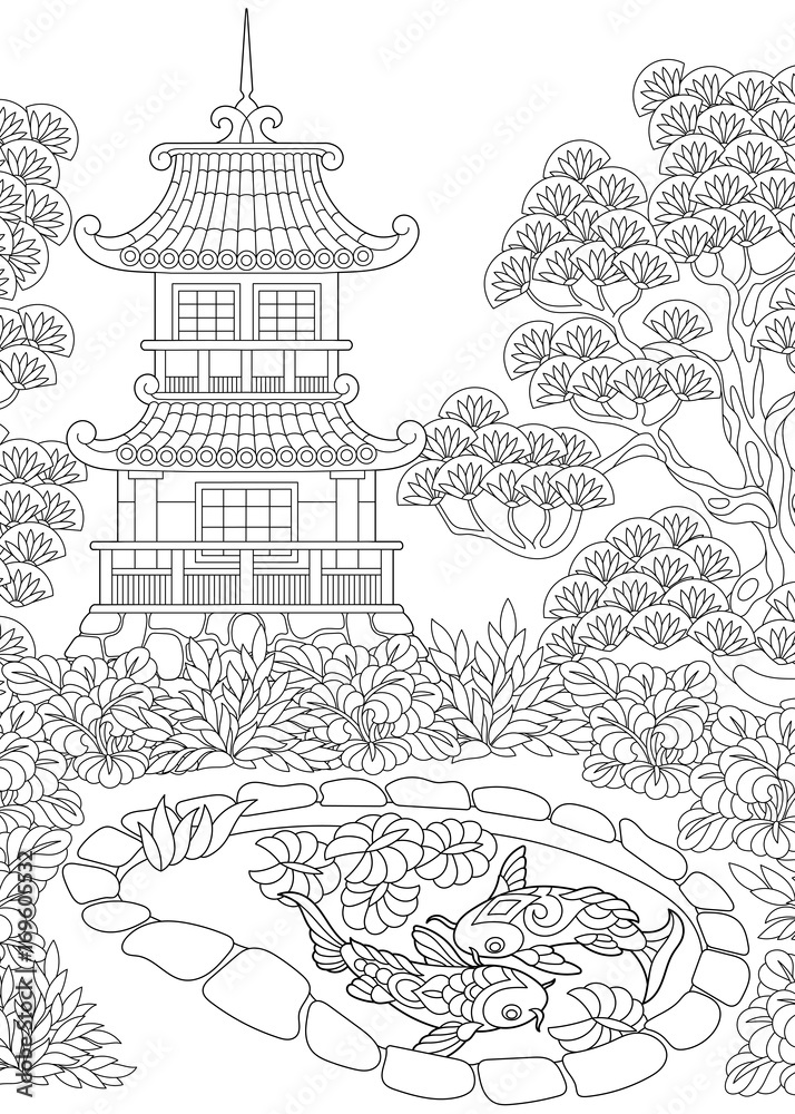 Coloring page of oriental temple japanese or chinese pagoda tower freehand sketch drawing for adult antistress coloring book in zentangle style vector