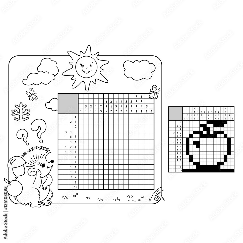 Education puzzle game for school children apple black and white japanese crossword with answer graphic crossword coloring page outline of hedgehog coloring book for kids vector