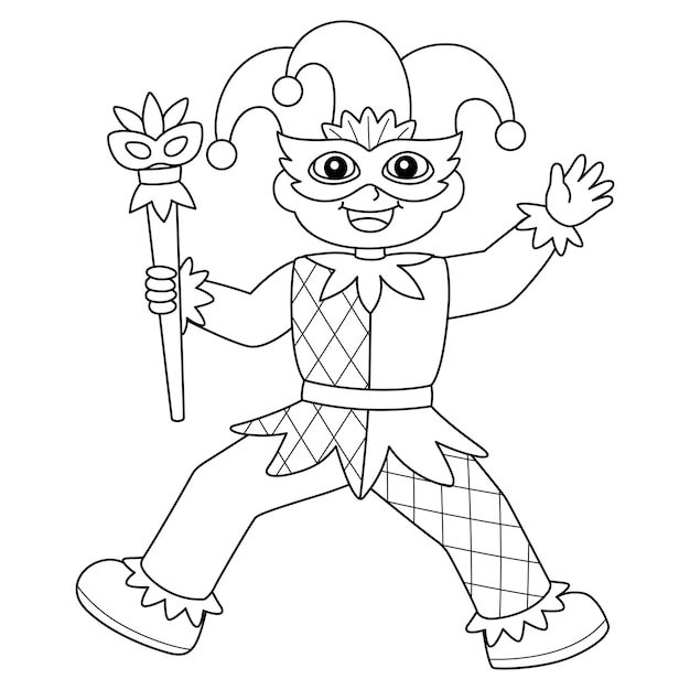 Premium vector mardi gras jester boy isolated coloring page