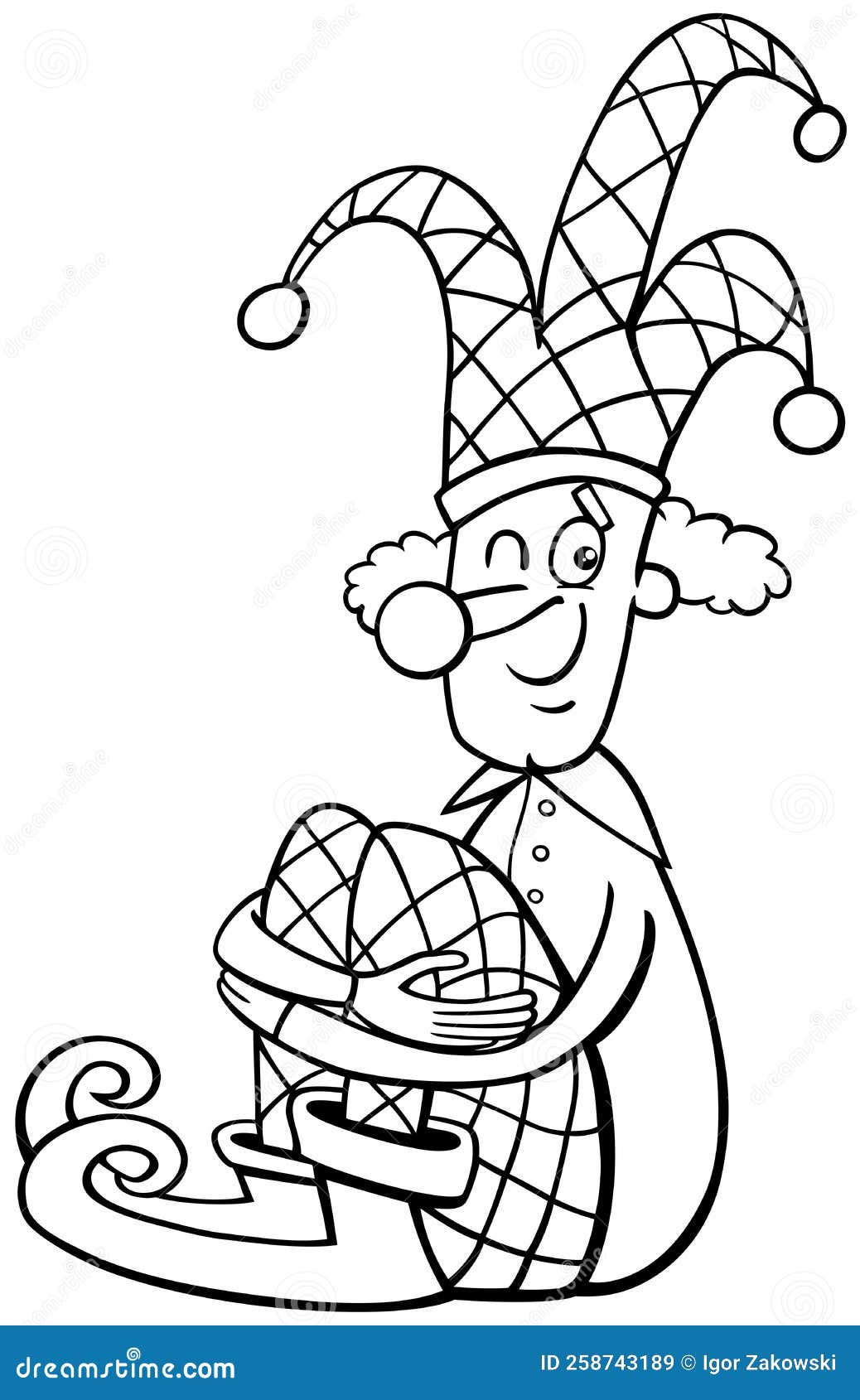 Cartoon clown or jester ic character coloring page stock vector