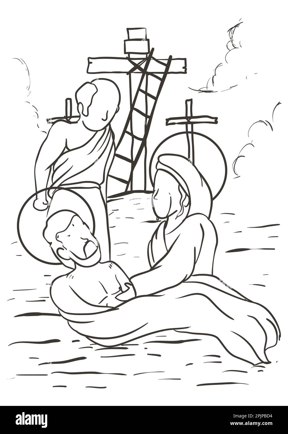 Dibujo del vãa crucis que reprenta la taciãn trece jãºs bajado de la cruz por josã de arimatea y su madre llora por su muerte imagen vector de stock