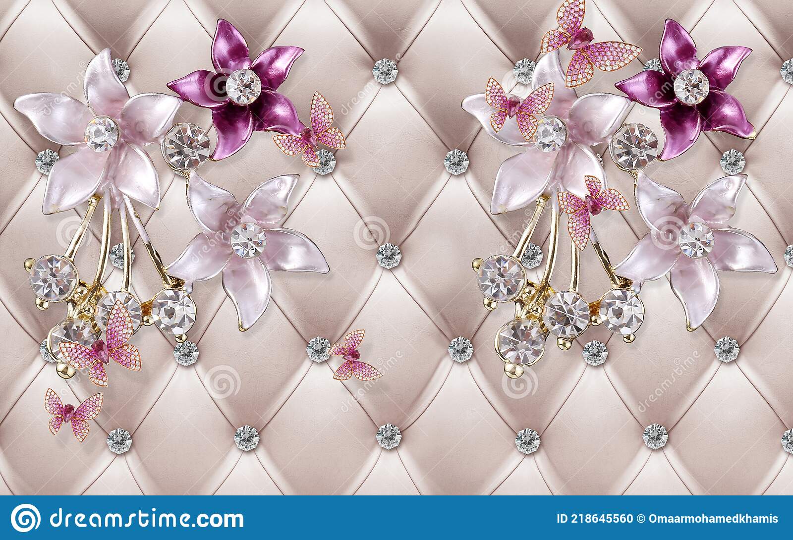 D wallpaper pink and maroon jewelry flowers and silver branches on leather background stock illustration