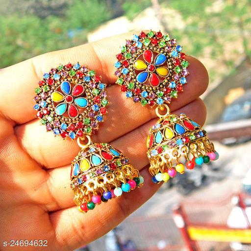 Designer big jhumka earrings for wedding latest design party wear stone jhumki multicolor color
