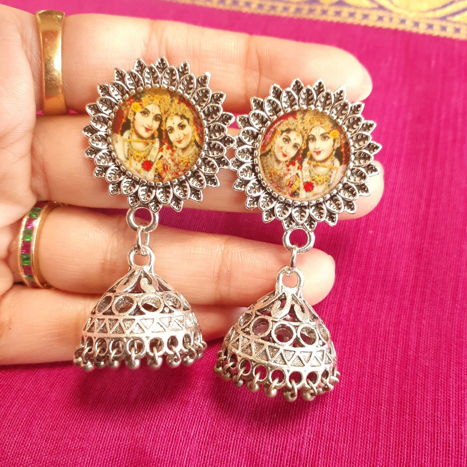 Ethnic indian silver imitation radha krishna jhumka earringsjhumka earrings