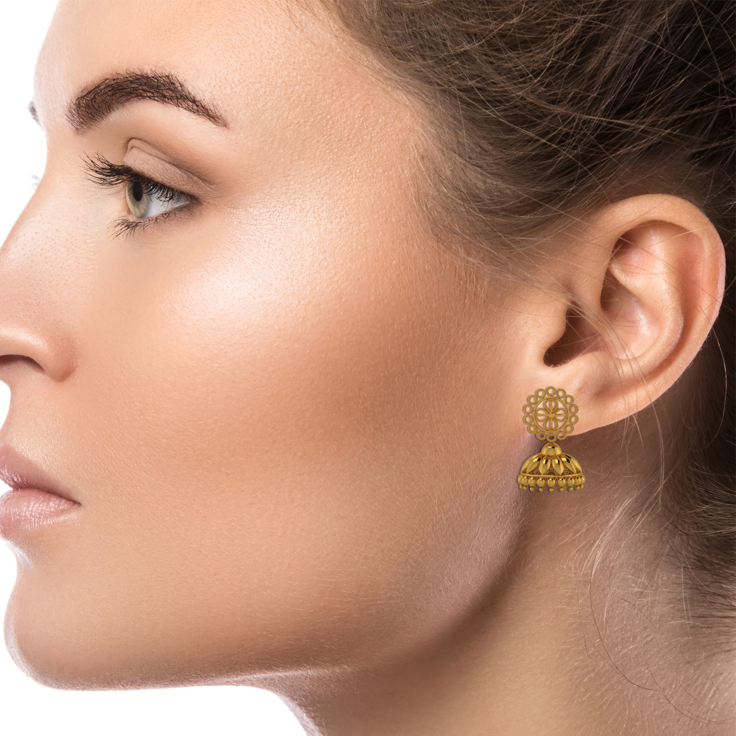 Radiant circle floral leaf gold jhumka earrings