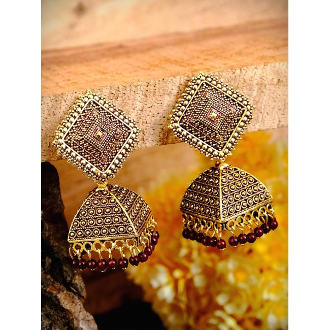 Traditional gold plated maroon color square jhumka jhumki earrgs rae
