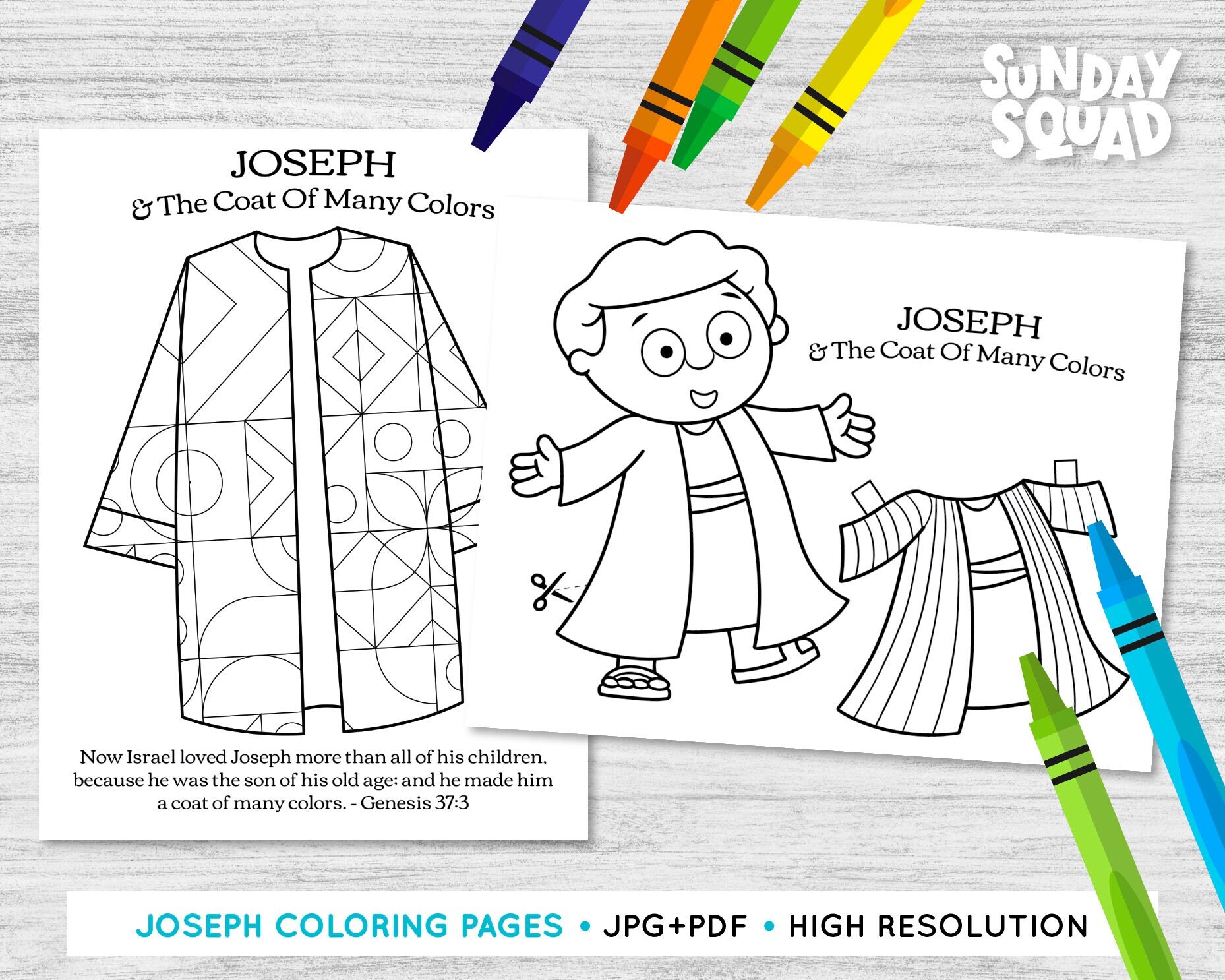 Printable joseph and the coat of many colors set of coloring pages children kids sunday school church bible printable religious instant download