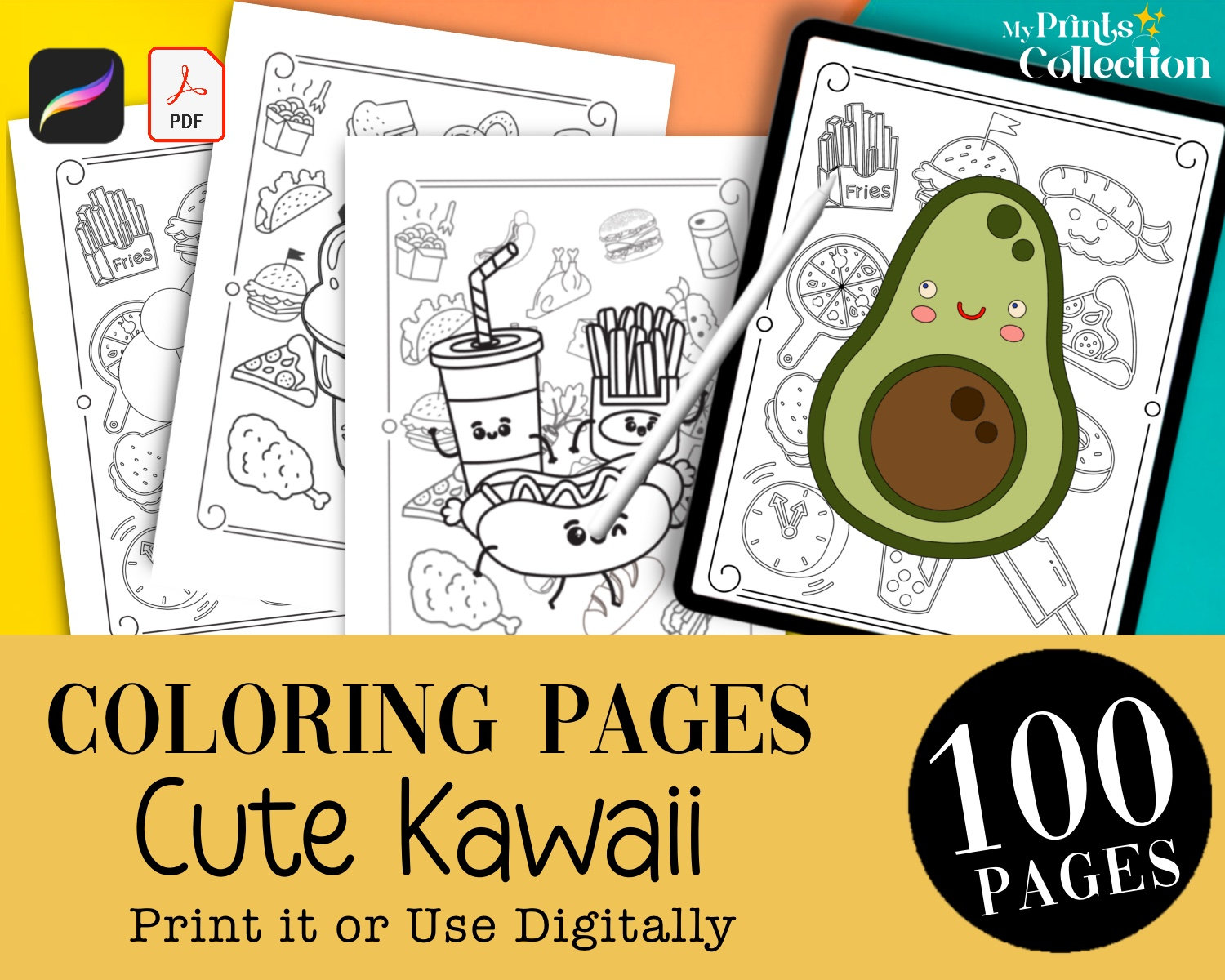 Cute kawaii food coloring book pages pdf printable