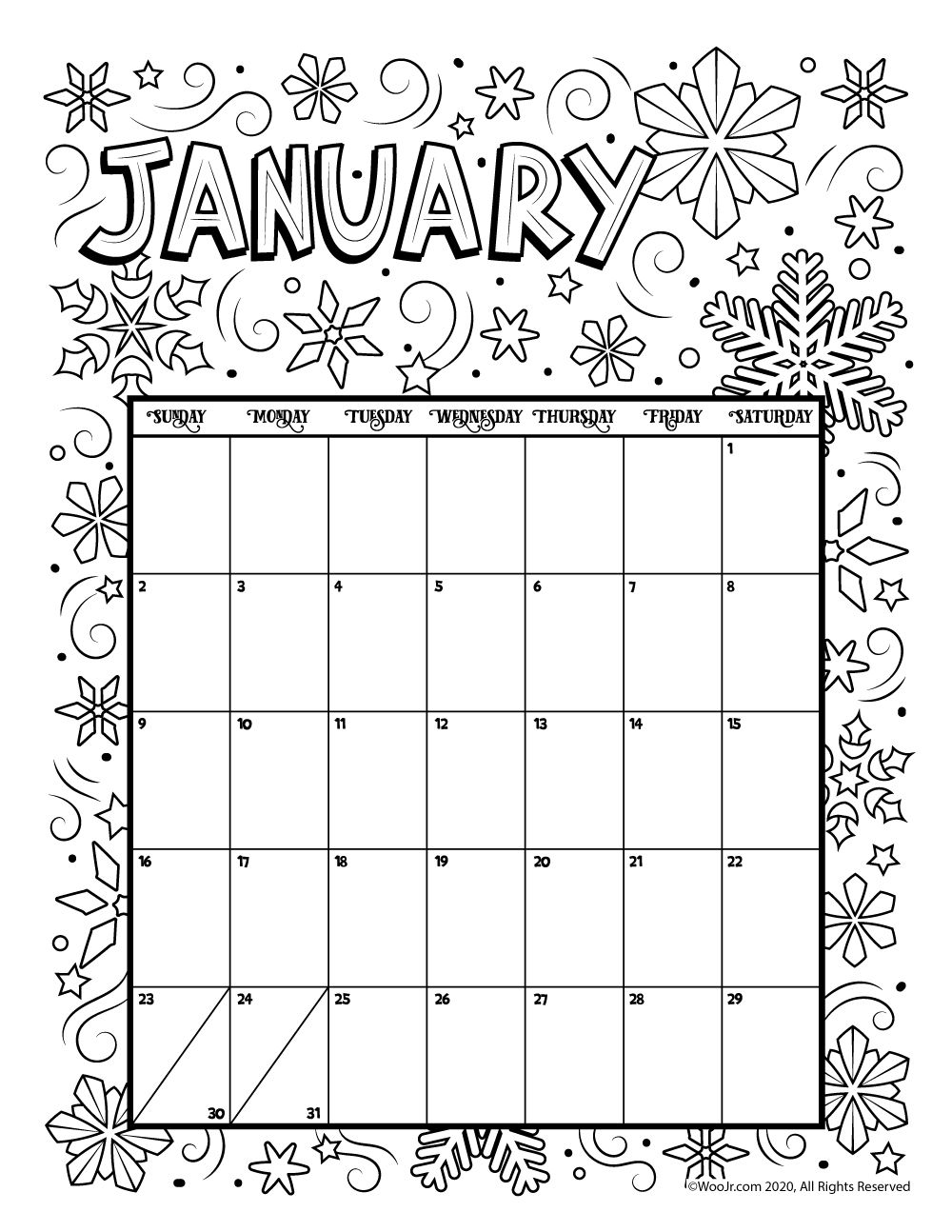 January printable coloring calendar page woo jr kids activities childrens publishing coloring calendar free printable calendar templates printable calendar pages