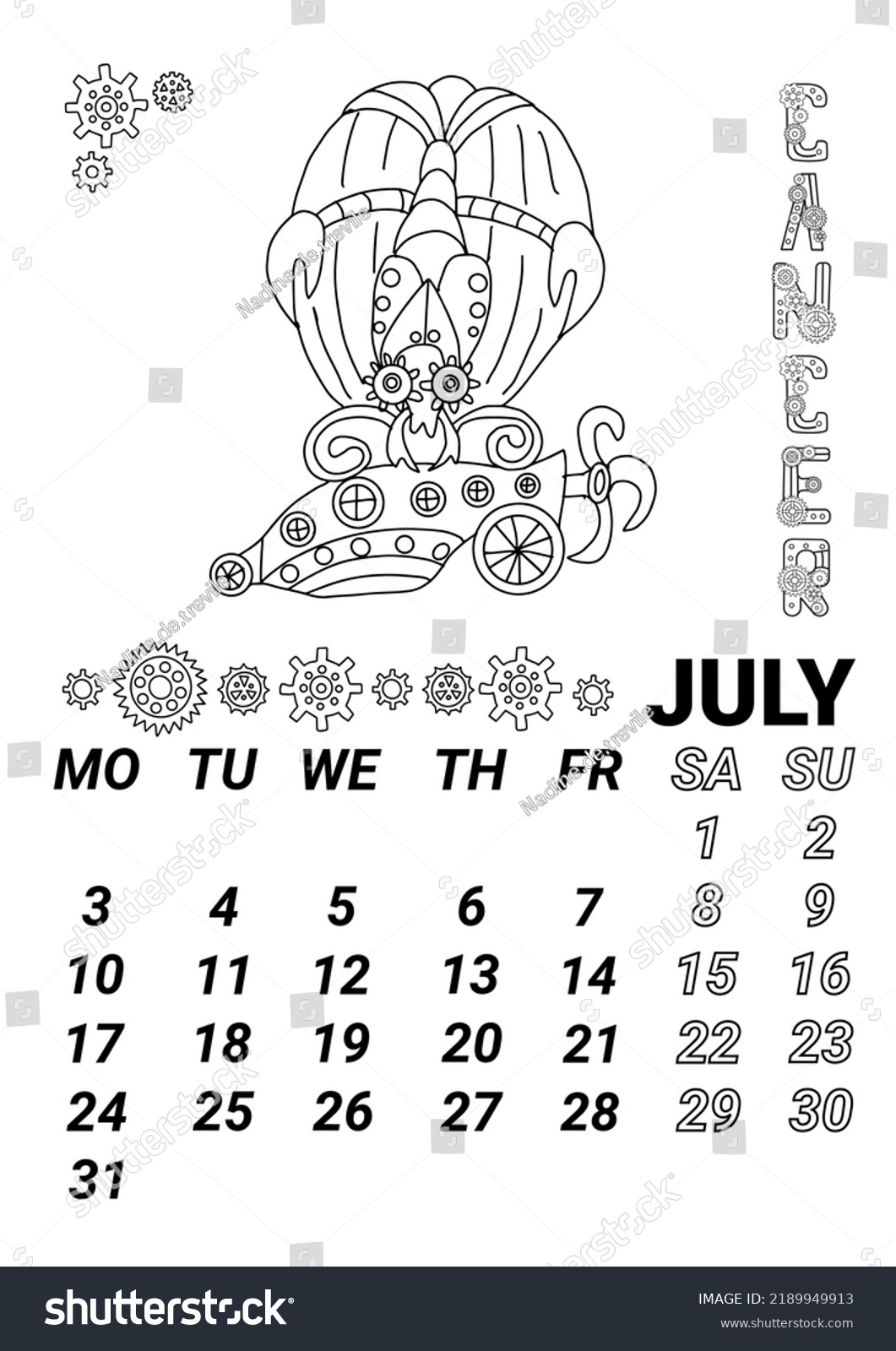 Hakuun calendar page july steampunk style liittyvã vektorikuva rojaltivapaa