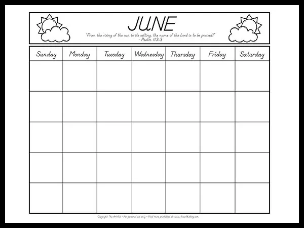 Free june calendar printable coloring page â the art kit
