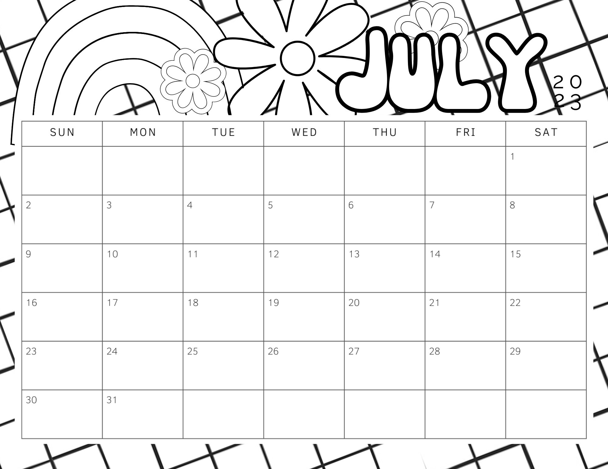 Blank july calendar retro daisy coloring sheet printable