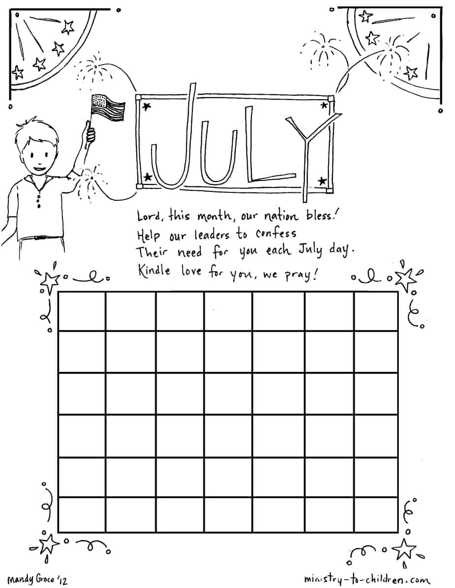 July coloring sheet calendar for kids