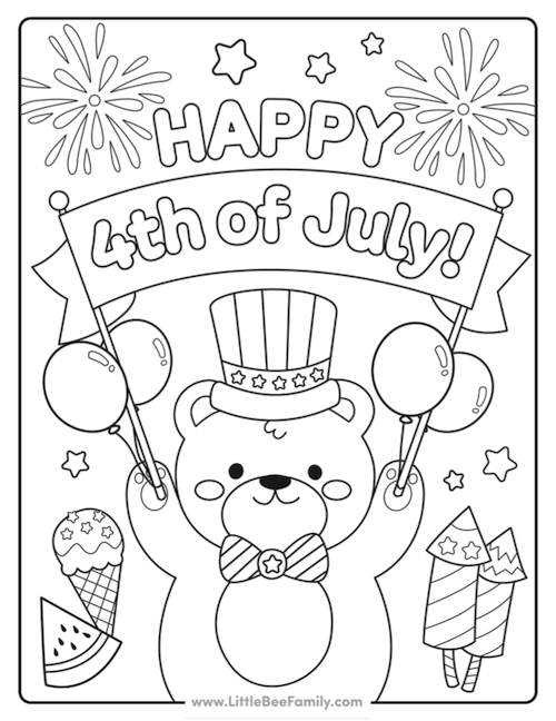 Th of july teddy bear coloring page