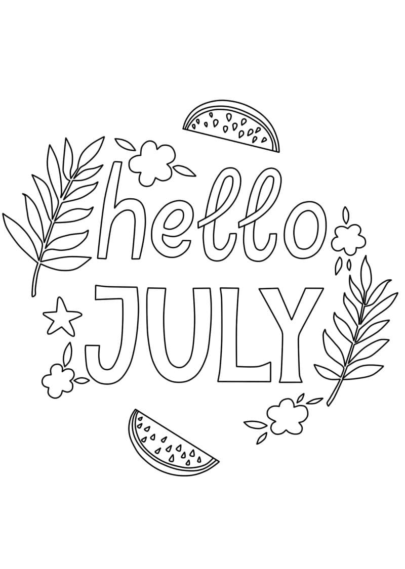 Printable hello july coloring page