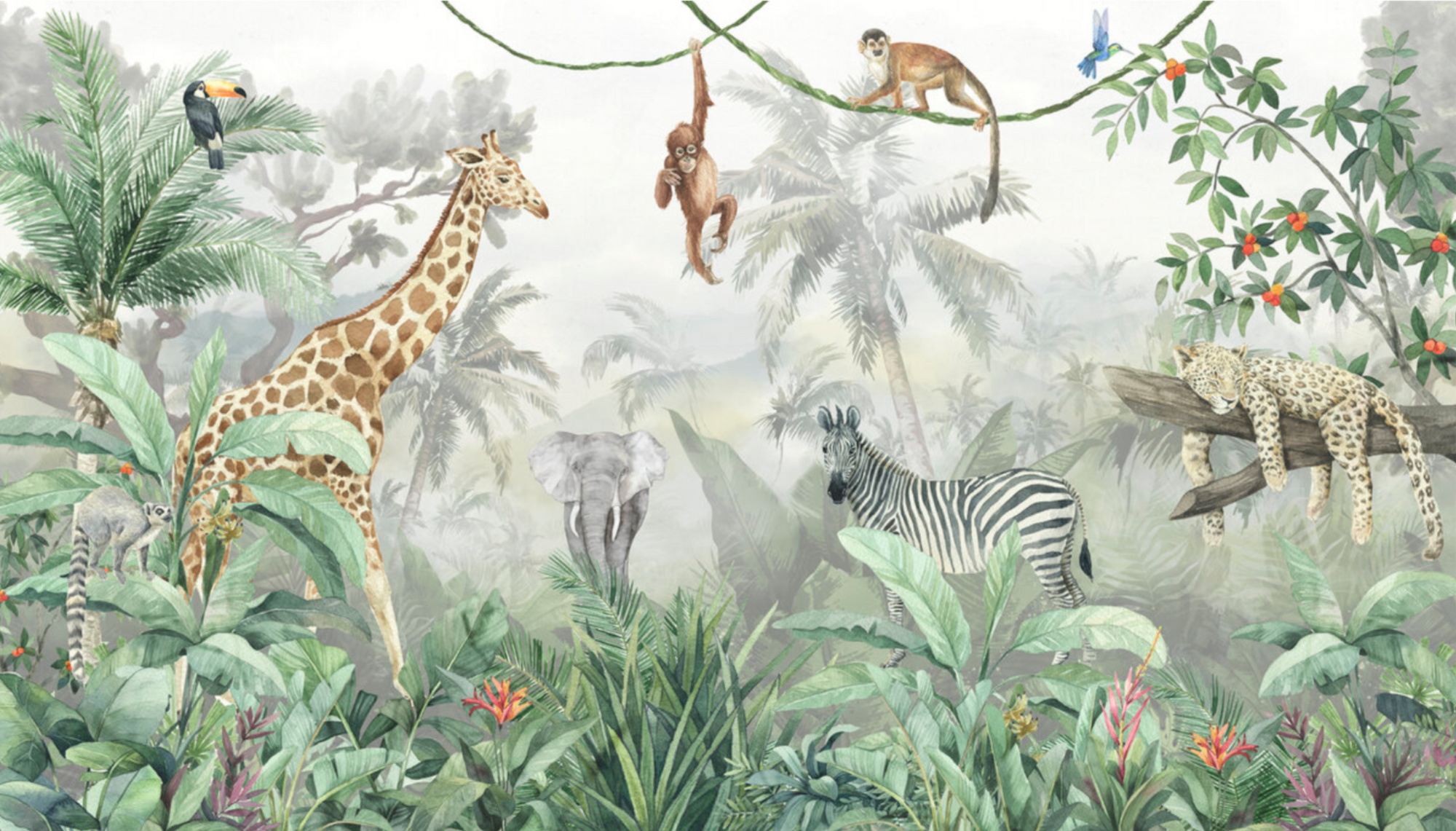 Jungle theme wallpaper mural toucan giraffe monkey zebra leopard