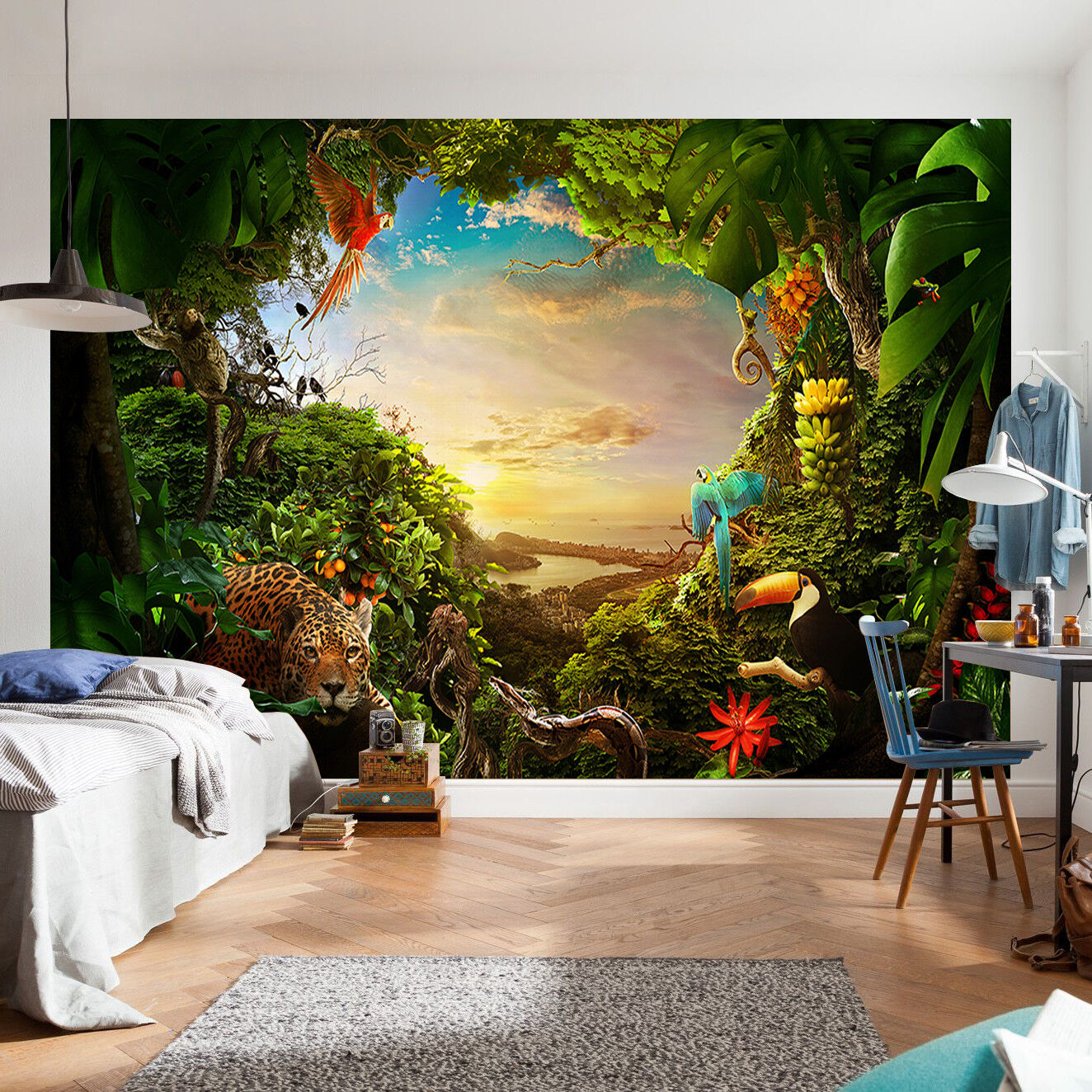 Jungle forest animal tree wallpaper mural photo wall home room poster der