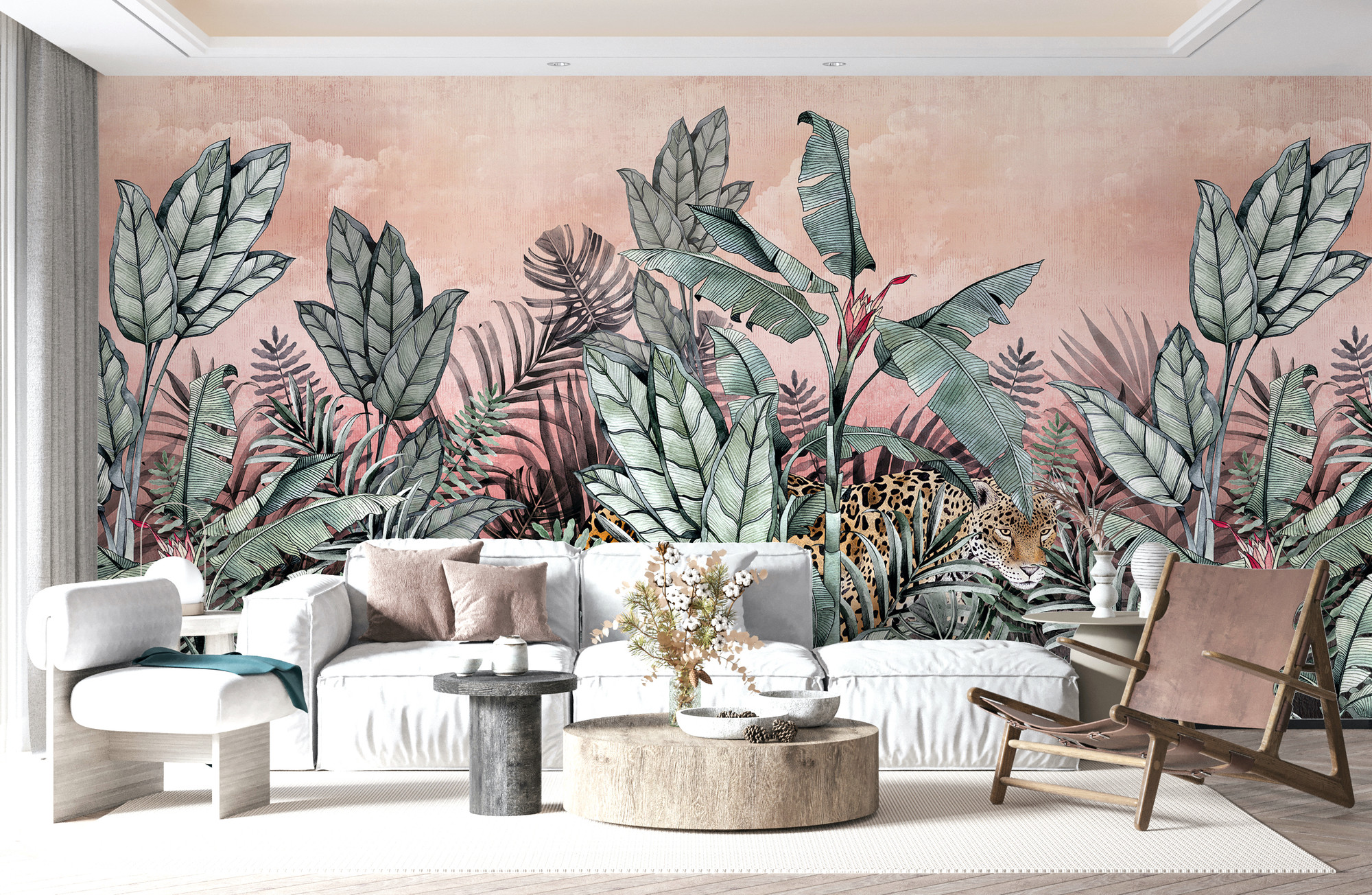 Coral pink jaguar cat jungle theme wallpaper mural avalana design mercial wallpaper