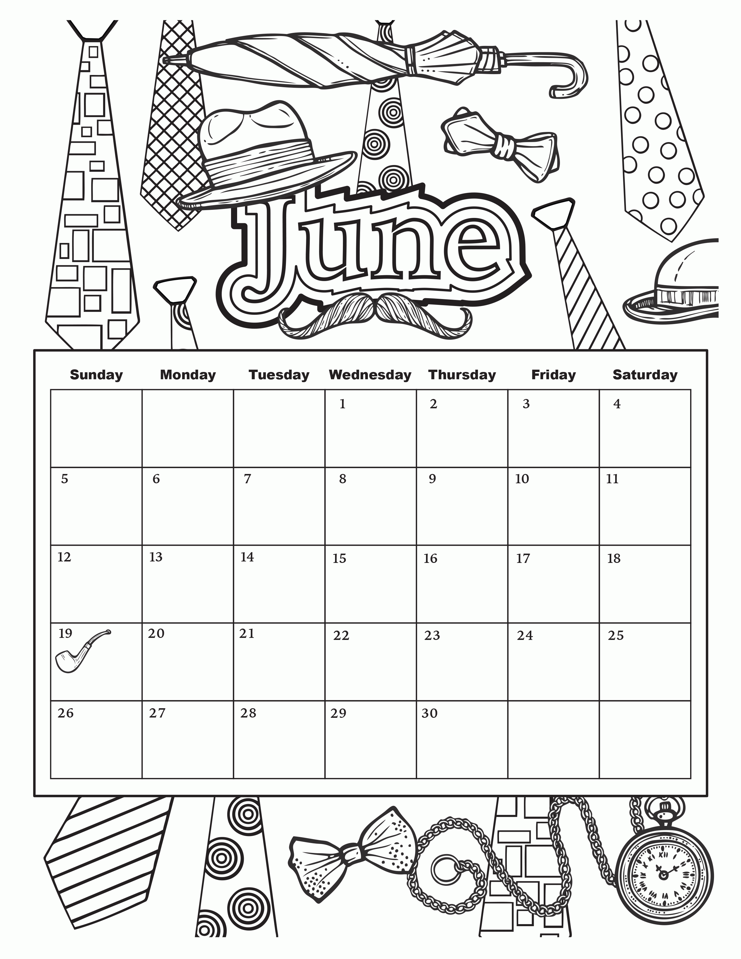 June printable coloring calendar