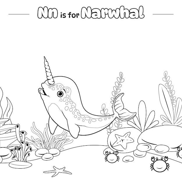 Premium vector coloring page narwhal or fish with background ocean