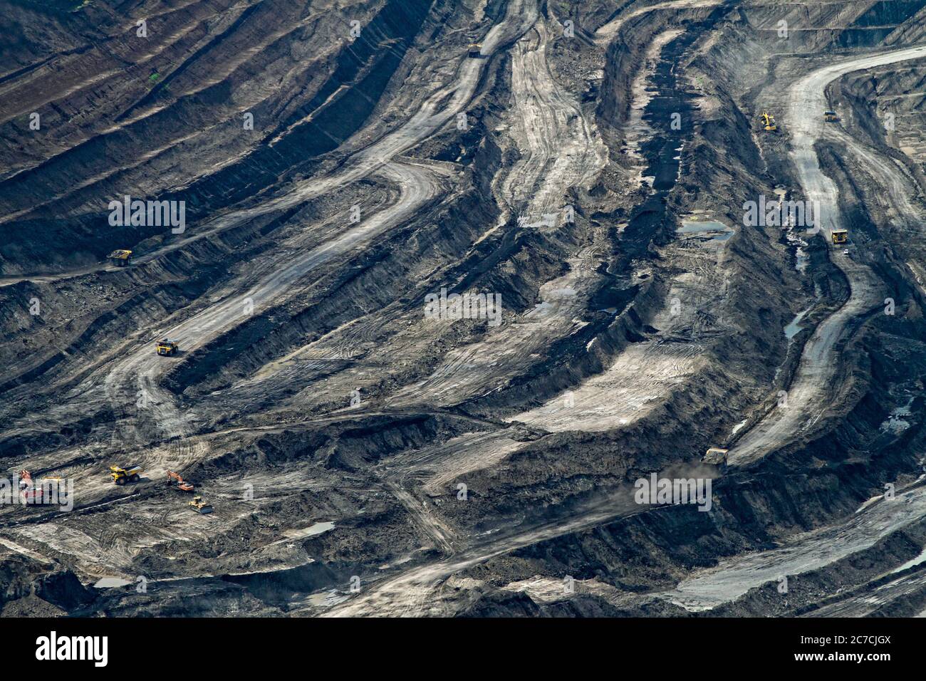 Aerial shot of grey coal mine in kalimantan indonesia stock photo