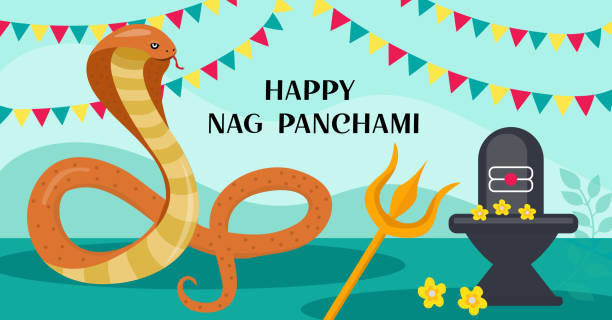 Happy nag panchami greeting card with king cobra snake festival in india vector illustration stock illustration