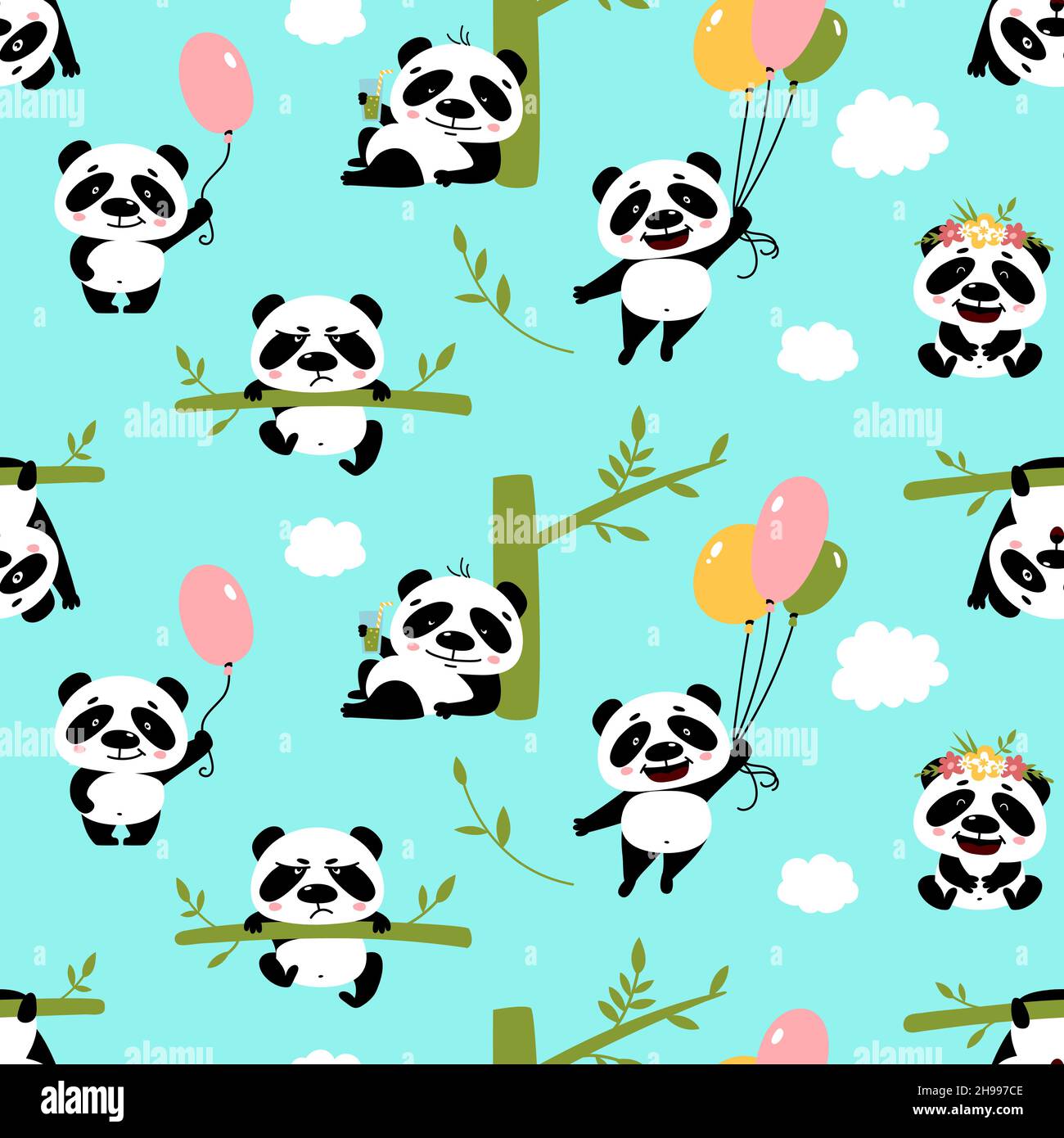 Cute panda seamless pattern kawaii pandas background abstract kid wallpaper asia bear with bamboo animal childish design classy vector print stock vector image art