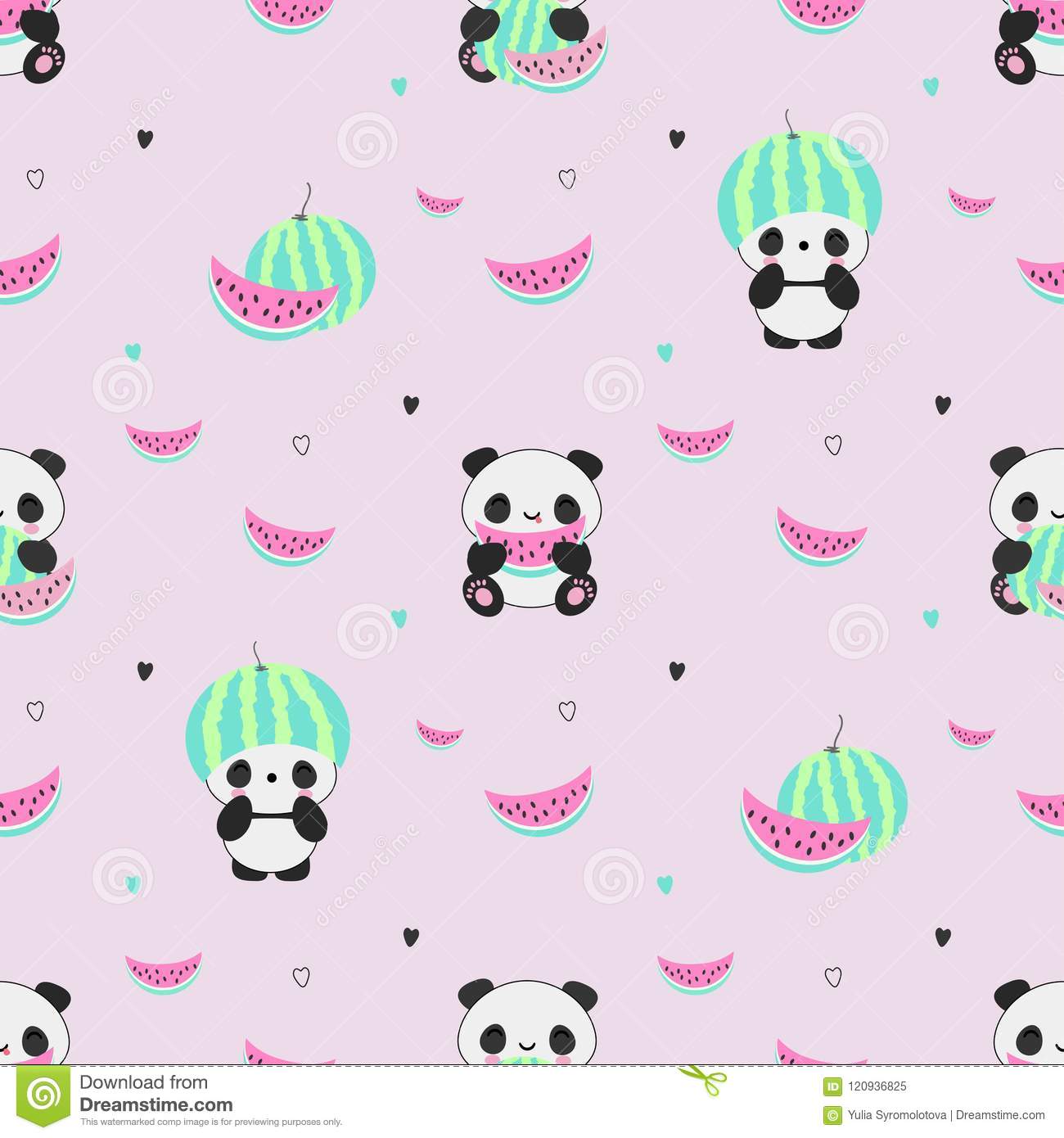 Seamless vector pattern with cute kawaii panda bears and watermelons on nice pink background stock illustration
