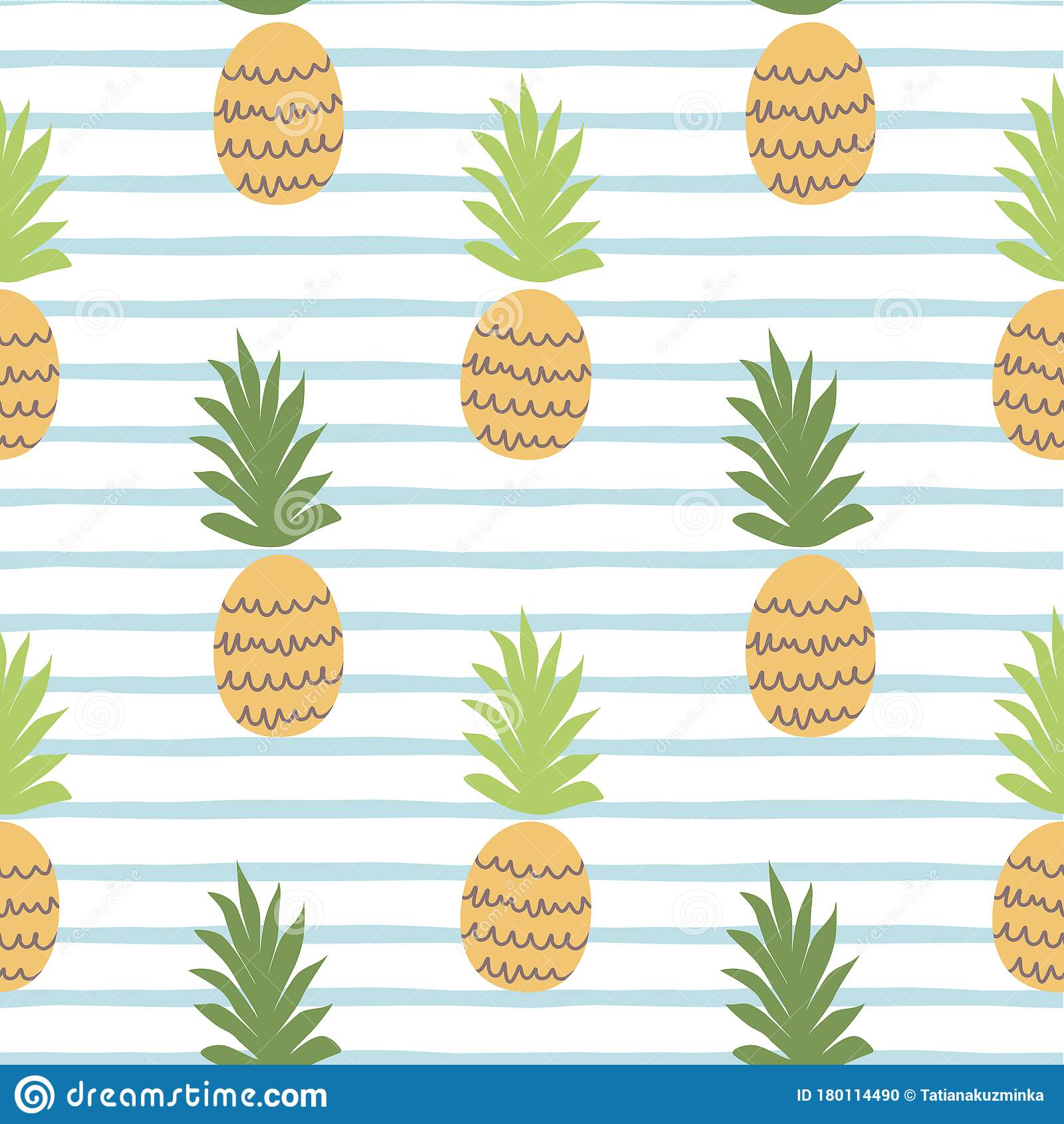 Beach summer pattern with pineapple cute tropical fruit on blue lines seamless background fabric textile striped design stock illustration