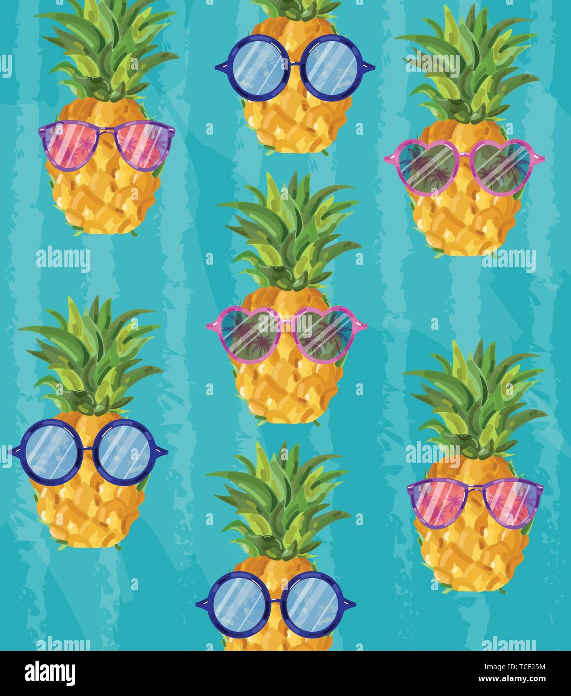 Summer cute pineapple pattern vector cartoon style funny fruits with glasses tropic poster stock vector image art