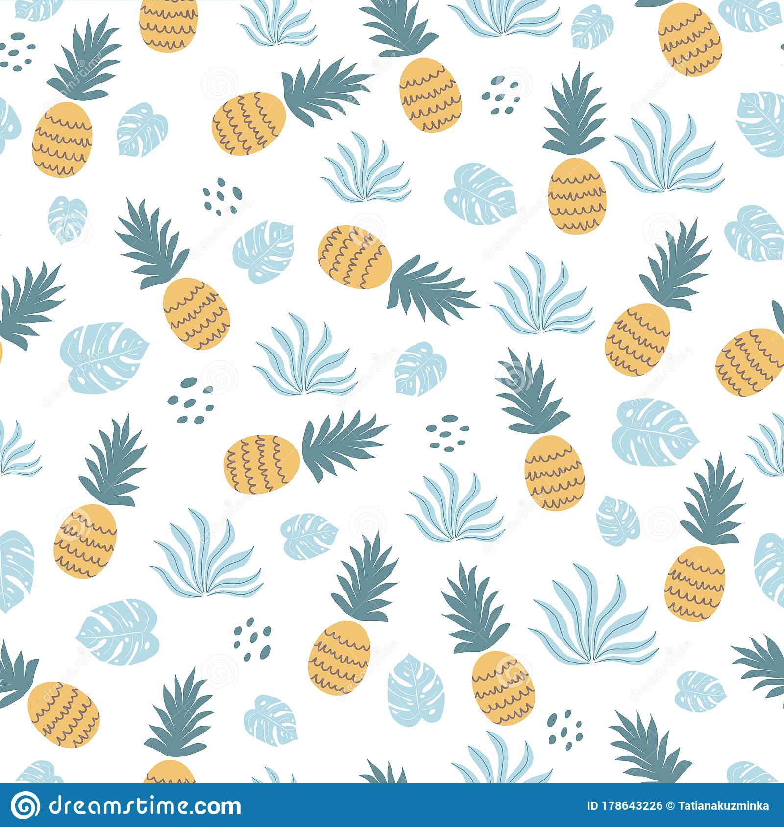 Pineapple seamless pattern exotic fruits leaves on white background cute summer pineapple print stock illustration