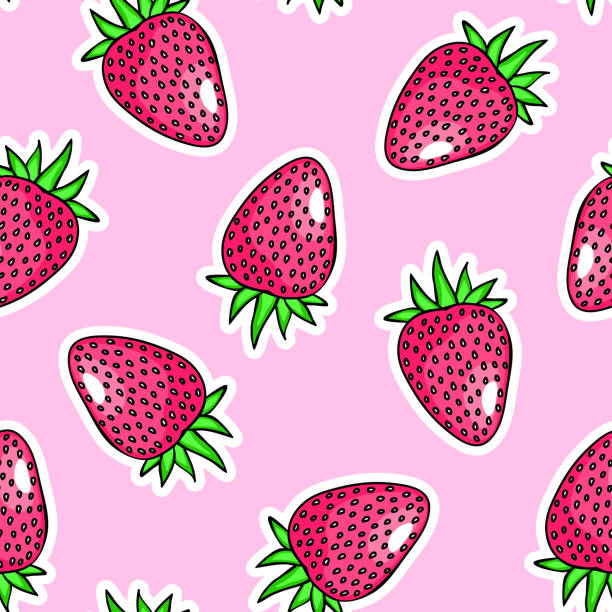 Strawberries seamless pattern pink background cartoon ic style cute kawaii wallpaper stock illustration