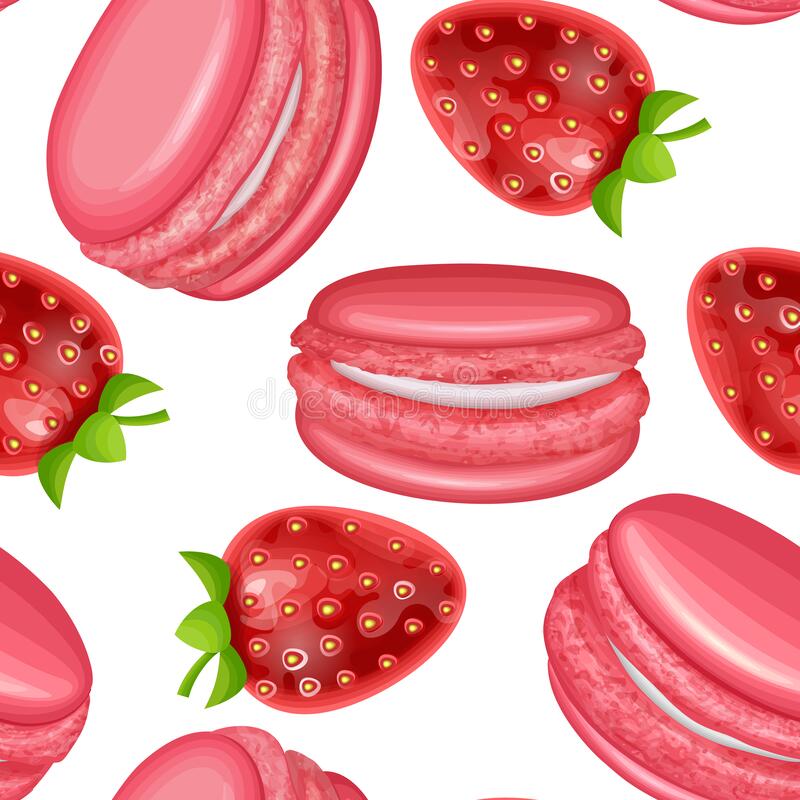 Seamless endless pattern with pink macaroons and strawberry on white background can be used in food industry for wallpapers stock vector