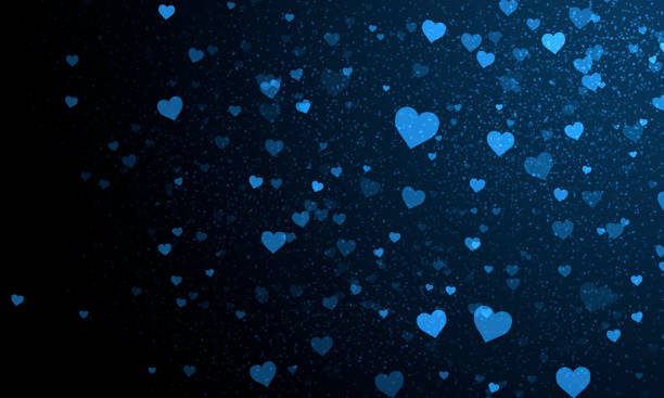 Dark abstract bright blue glowing background with many hearts and bright blue lights and sparks stock illustration