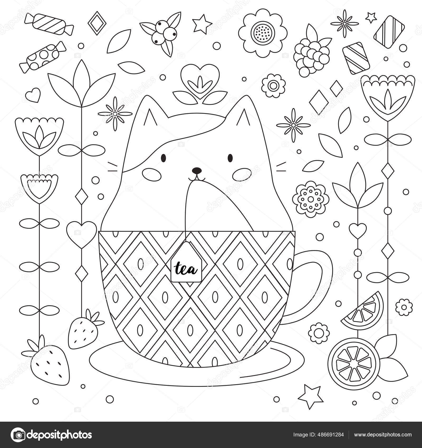 Doodle antistress fãrg sida med katt kopp abstrakta blommor frukter vektor av kristina
