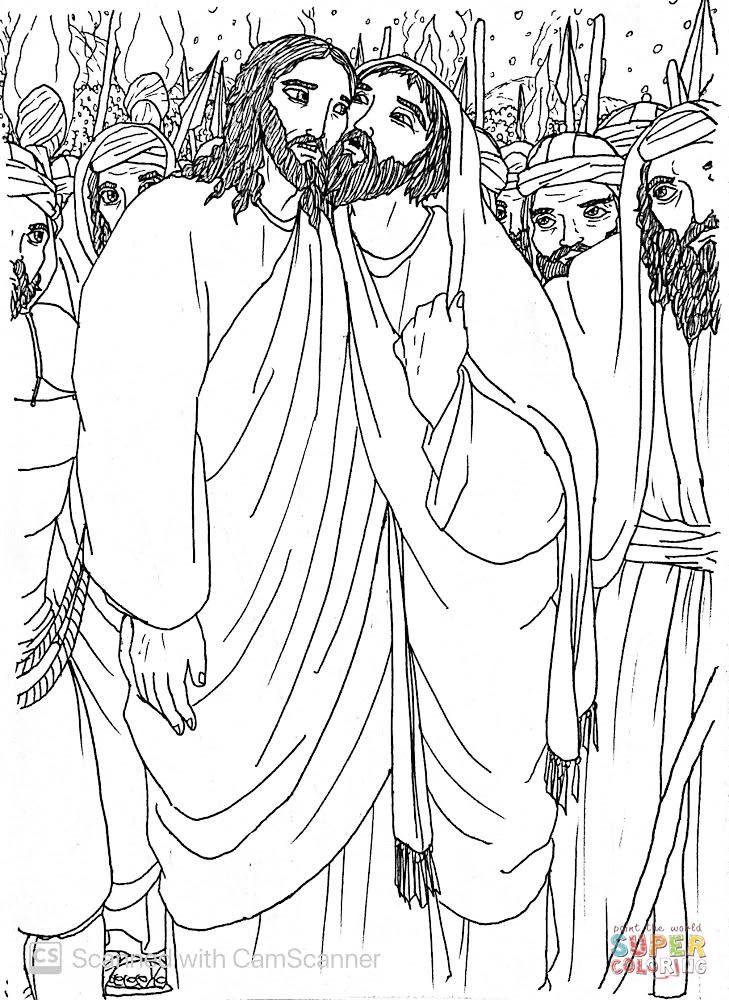 Judas betrays jesus to the men with a kiss of greeting coloring page free printable coloring pages
