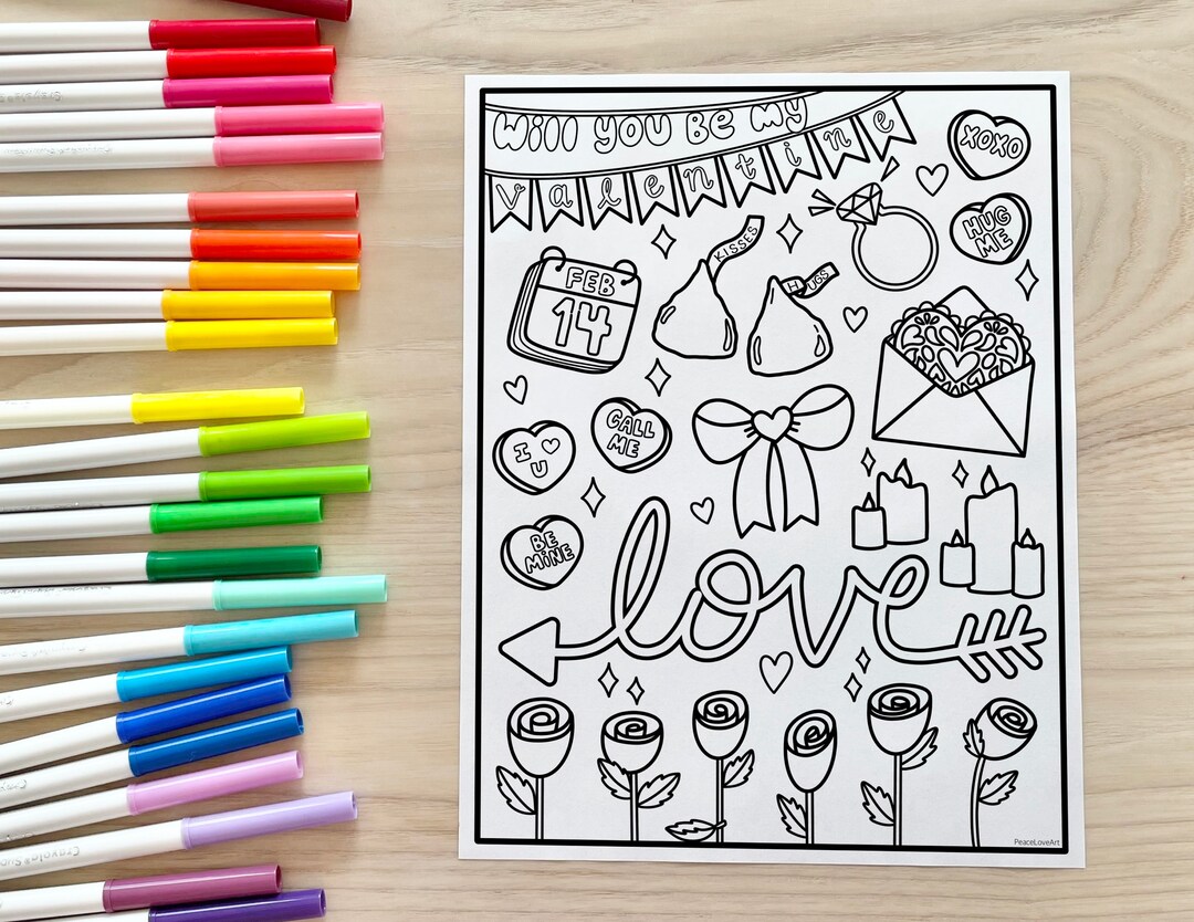 Valentines day hand drawn coloring page
