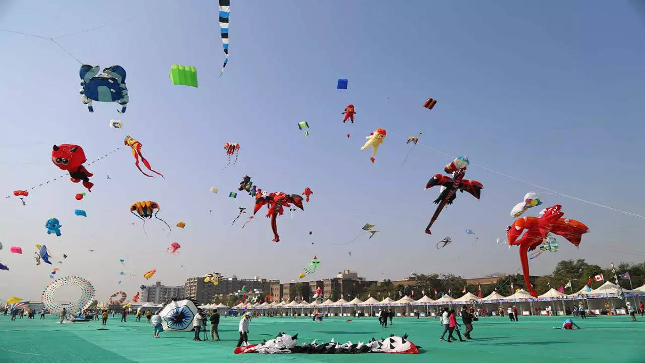 Kite flying festival in ahmedabad unique shapes begin to fill citys skies countries to participate