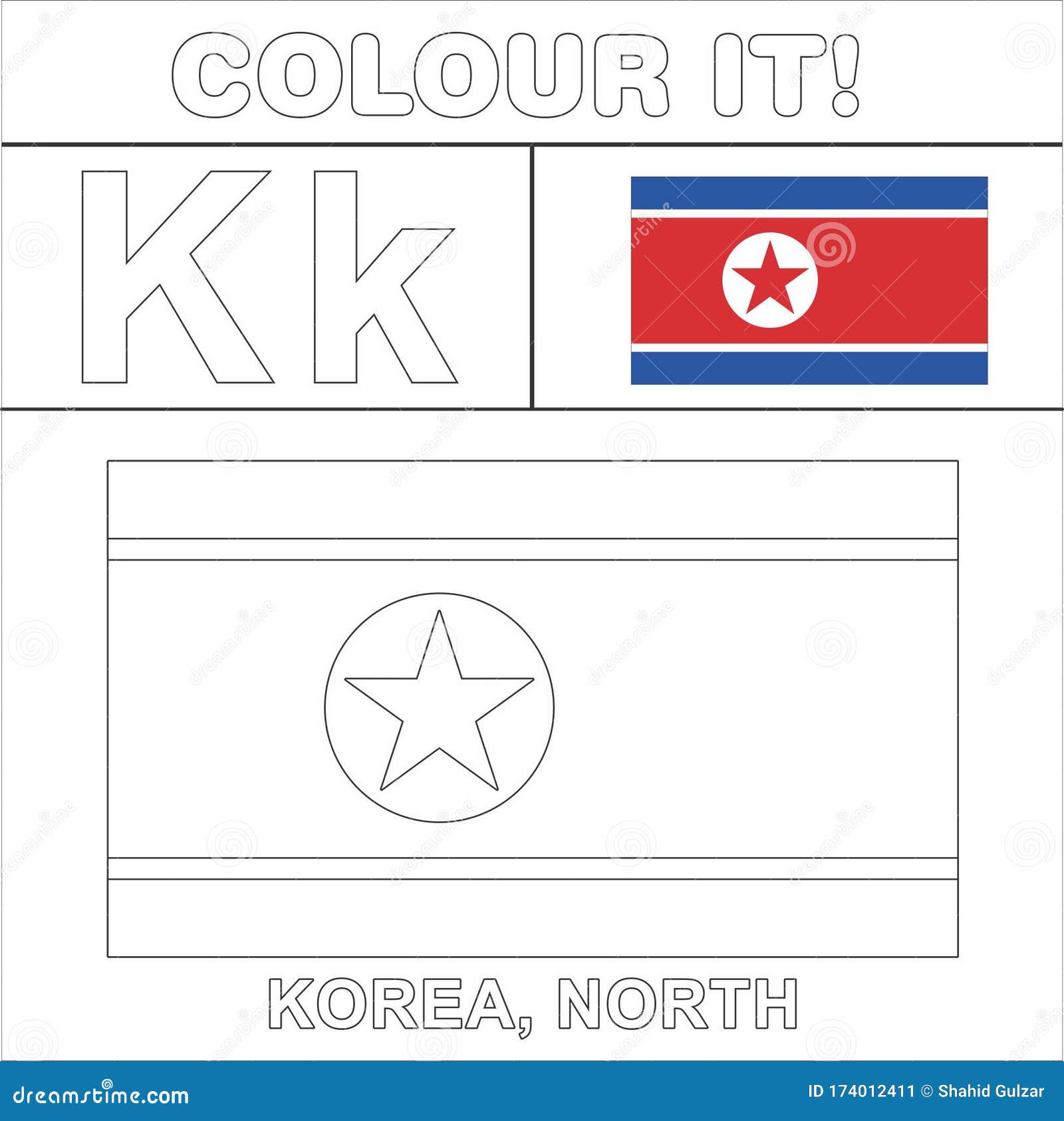 Colour it kids colouring page country starting from english letter k korea north how to color flag stock illustration
