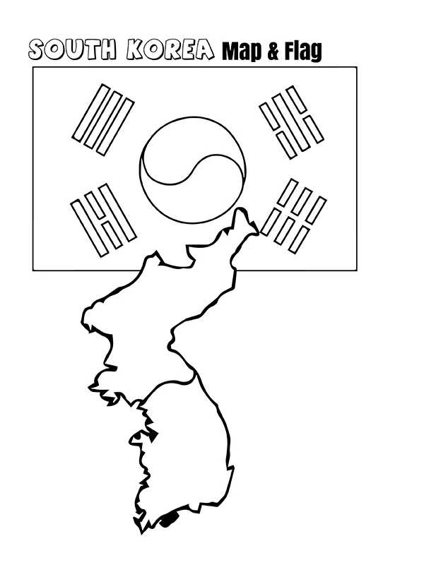 South korea map and flag coloring page