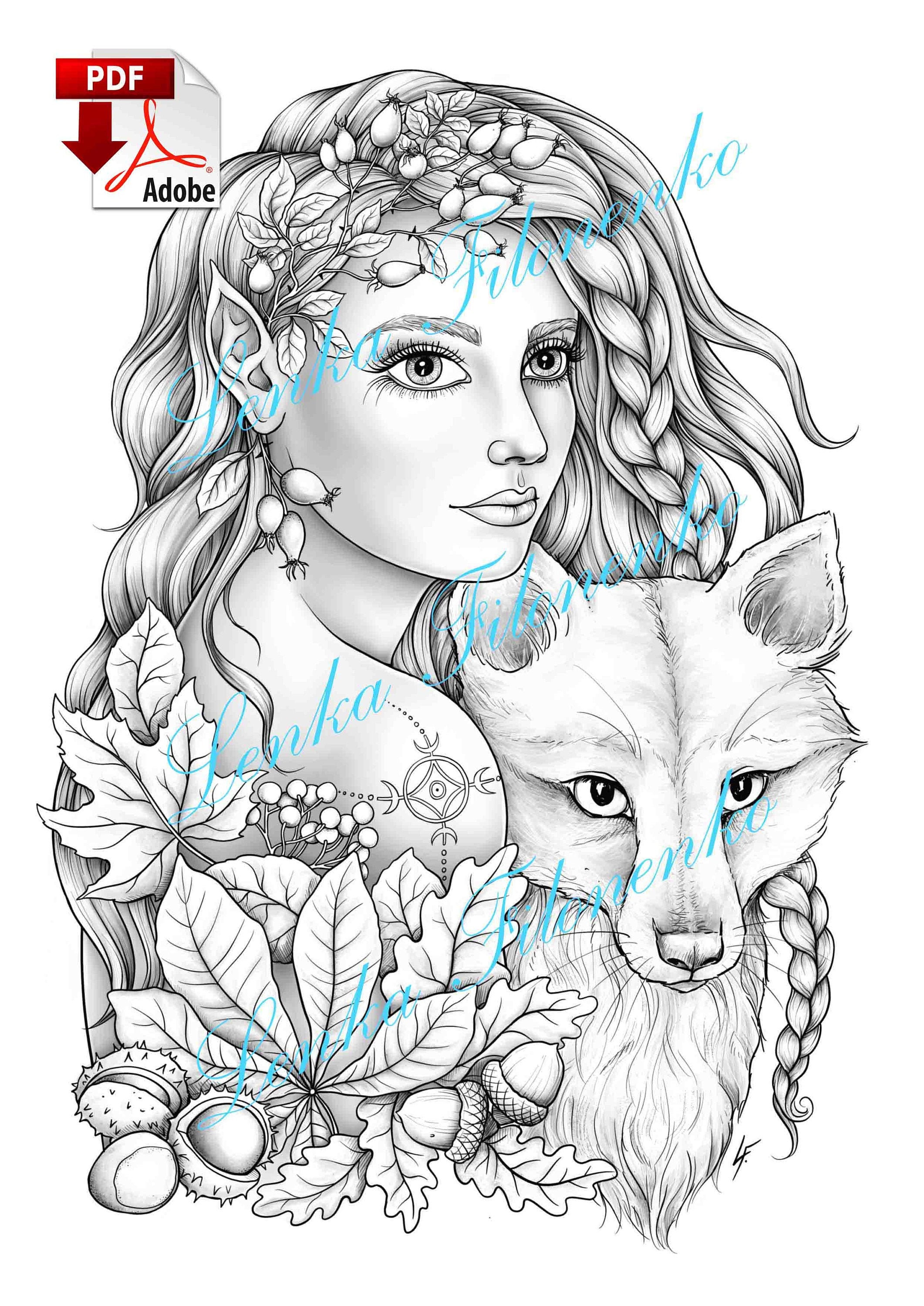 Coloring page for adults elf with a fox grey scale pdf download and print