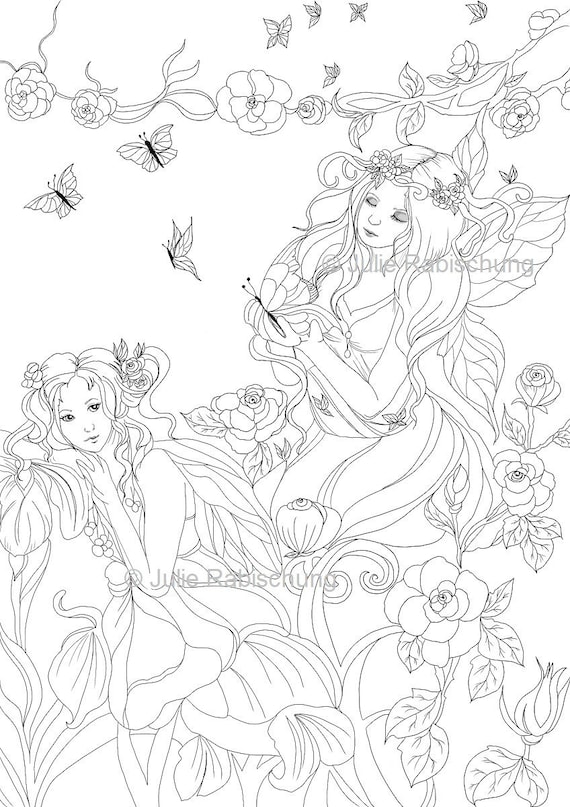 Fairies coloring pageflowers fairiesspringbutterfliesprintable coloring pagehigh resolutioninstant downloadfantasy coloring page