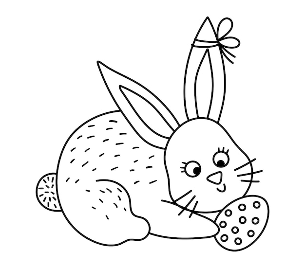 Premium vector vector black and white bunny illustration with egg easter traditional animal line icon cute spring rabbit coloring page for kids