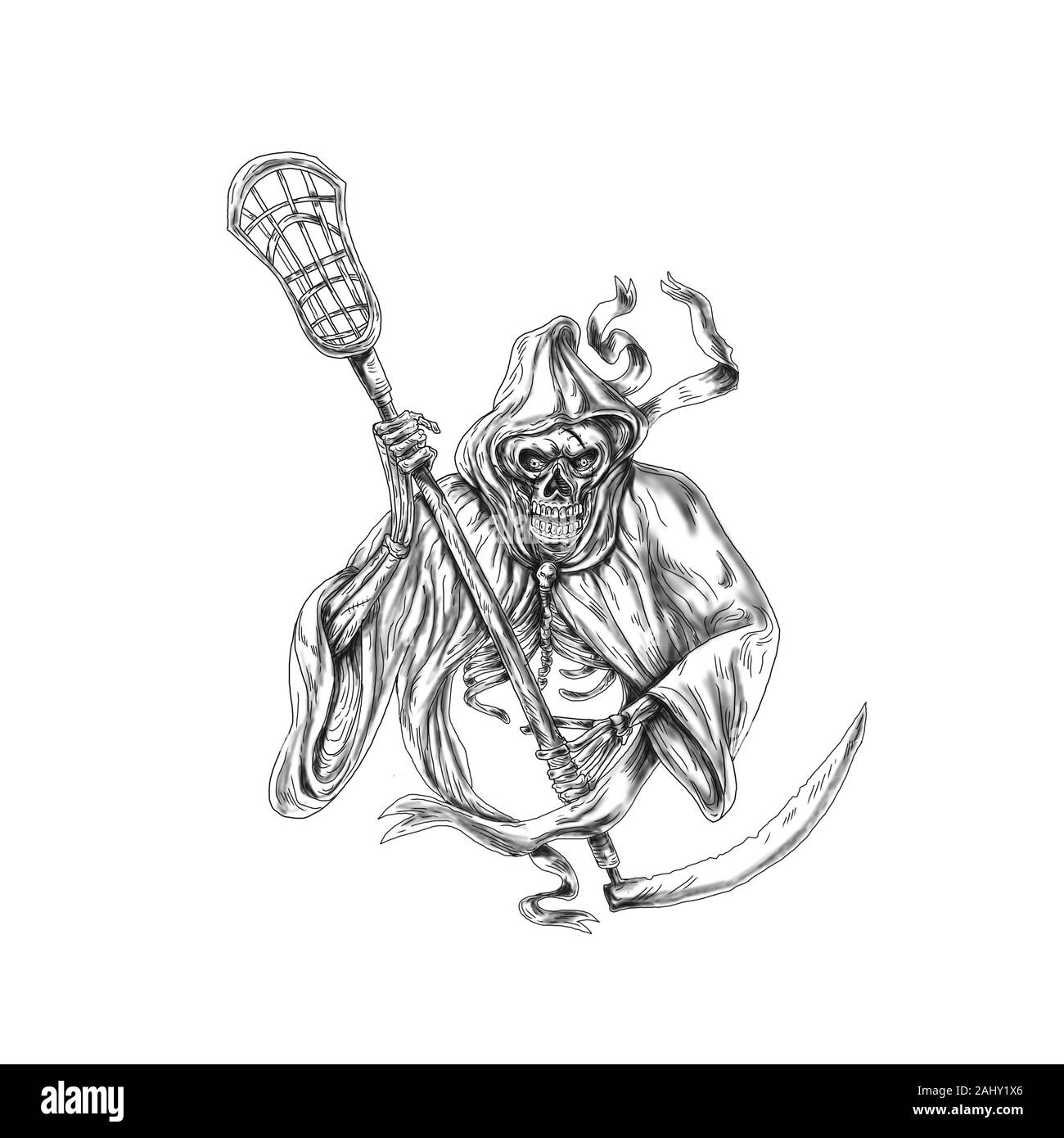 Tattoo style illustration of the grim reaper lacrosse player holding a crosse or lacrosse stick defense pole viewed from front on isolated background stock photo